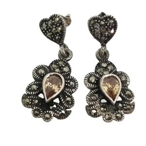 VICTORIAN STYLE STERLING SILVER, MARCASITE & AUSTRIAN CRYSTAL DROP EARRINGS